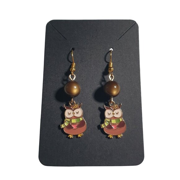 Handmade By Donovan Jewelry - Owl Dangle Earrings Brown Enamel Gold Hook Boho Autumn Charm Beads Unique Animal